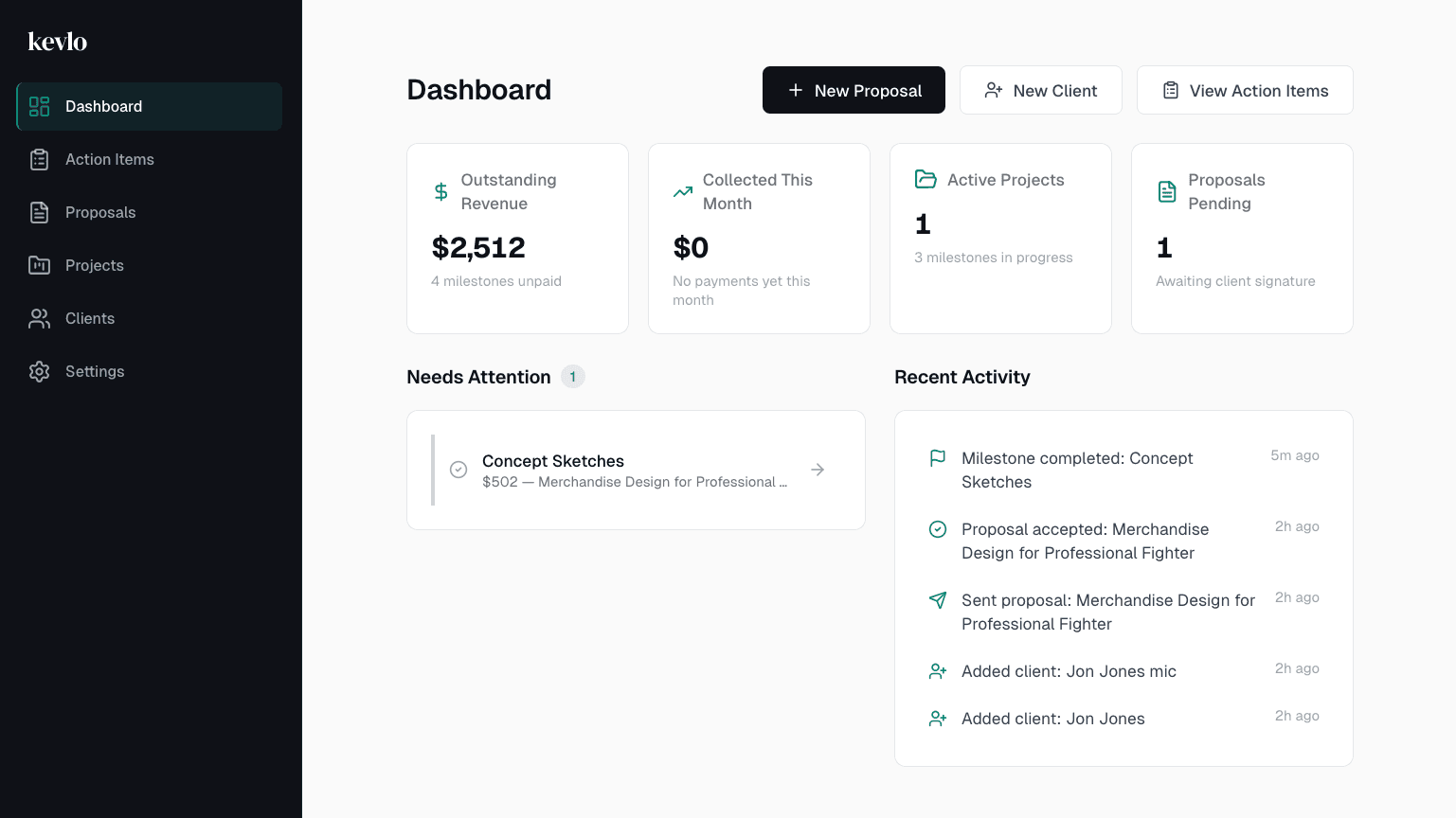 Kevlo dashboard showing outstanding revenue, active projects, and recent activity