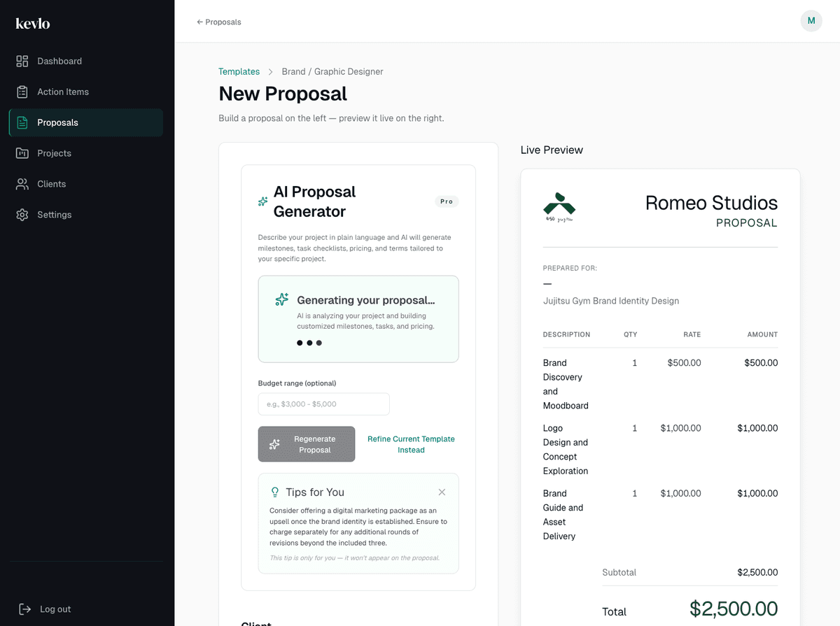 AI proposal generator building a quote with live preview