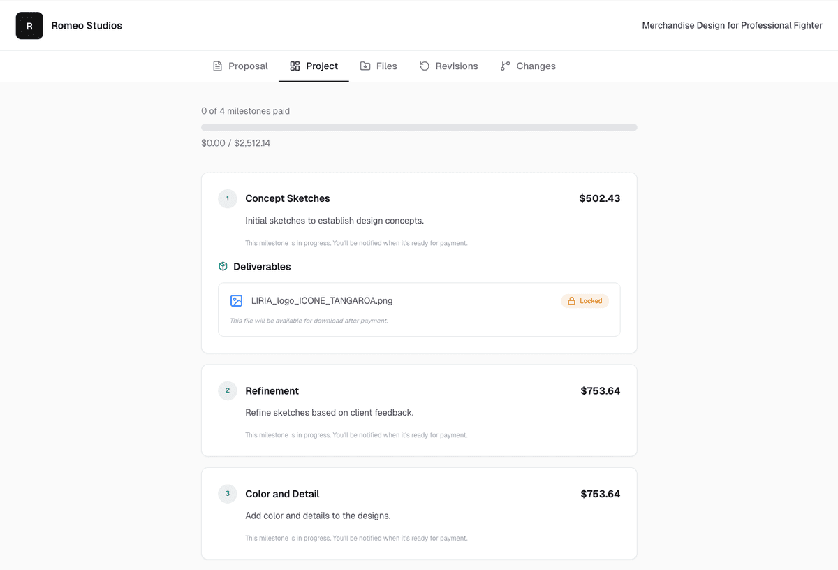 Client portal showing milestones with locked deliverable files