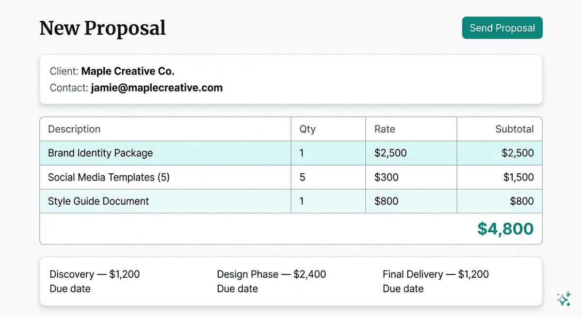 Quote builder with line items and milestone schedule